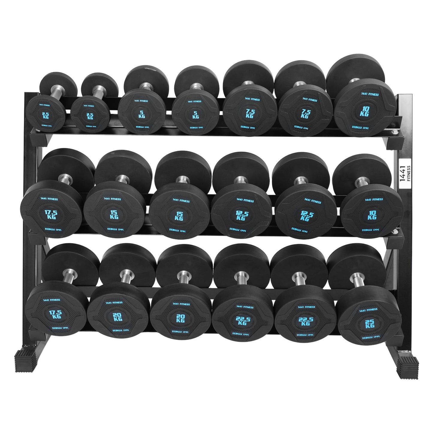 1441 Fitness PU Rubber Round Dumbbell Combo Set 2.5 Kg - 25 Kg (10 Pairs) with 3 Tier Rack