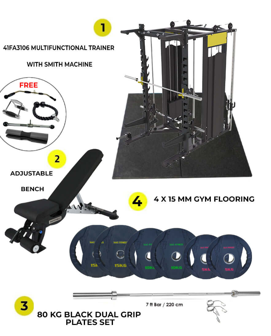 1441 Fitness Functional Trainer With Smith Machine 41FA3106 + 80kg Weight Plate Set + Adjustable Bench A8007 + 4 Gym Tile