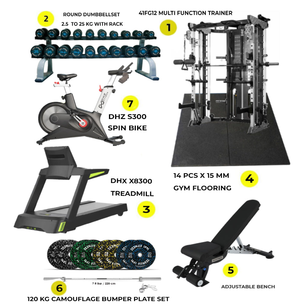 Combo Offer | 41FG12 Multifunction Trainer with DHZ X8300 Treadmill + DHZ S300 Spin Bike + Round Dumbbell Set 2.5 Kg to 25 KG with 2 Tier Rack + 120kg Camouflage Bumper Plate Set with Adjustable Bench A8007 +  14 PC Gym Tile 15 MM