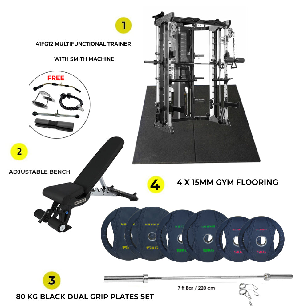 Combo Deal | 1441 Fitness All In One Functional Trainer with Smith Machine-41FG12 + 7ft Bar with Weight Plate 80 KG Set + Adjustable Bench A8007 + 4 Gym Tile