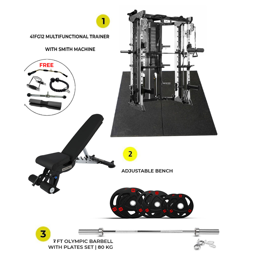 Combo Deal | 1441 Fitness All In One Functional Trainer with Smith Machine-41FG12 + 7ft Bar with Weight Plate 80 KG Set + Adjustable Bench A8007 + 4 Gym Tile