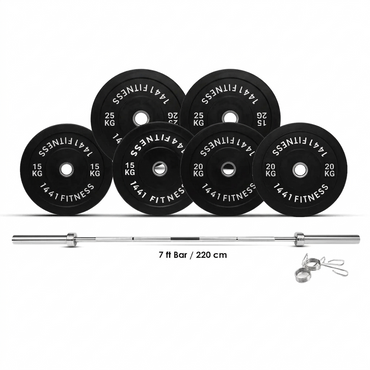 Black Bumper Plates with 7 Ft Olympic Bar - 140 Kg Set - Bundle Offer