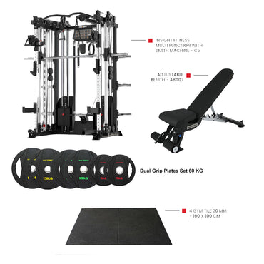 Insight Fitness Multi Function Smith Machine C5 with Rubber Flooring , Dual Grip Plates & A8007 Bench - Bundle Offer