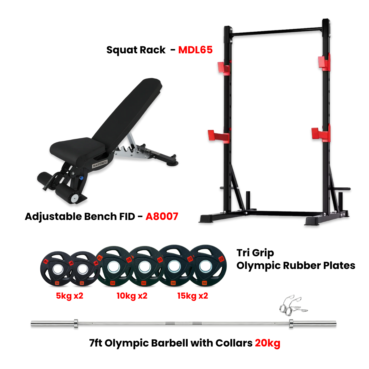 MDL 65 Squat Rack Combo with Plates and Bench - Bundle Offer