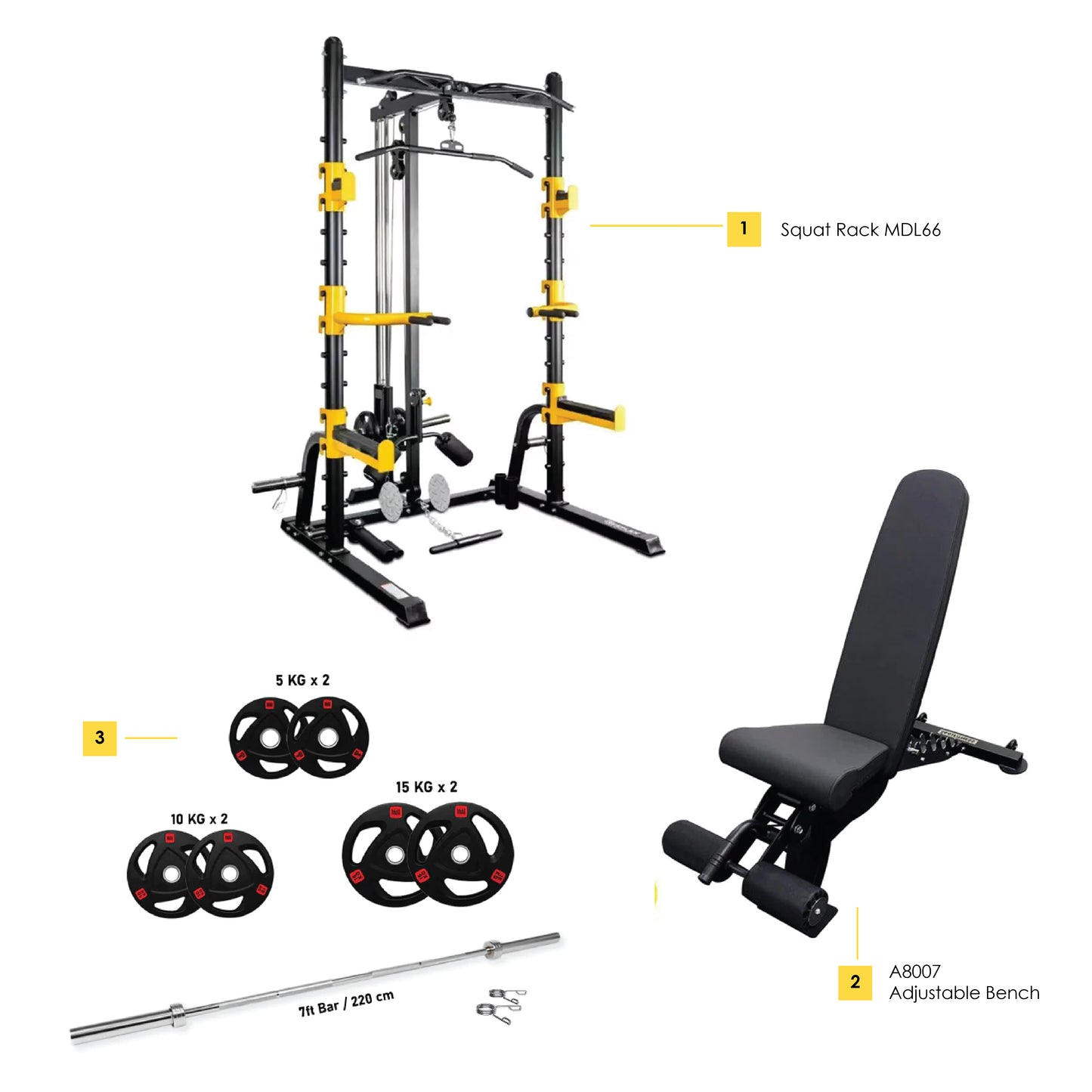 Combo Offer Squat Rack MDL66 + 7 ft Bar and 80 Kg Weight Plate Set with Adjustable Bench A8007