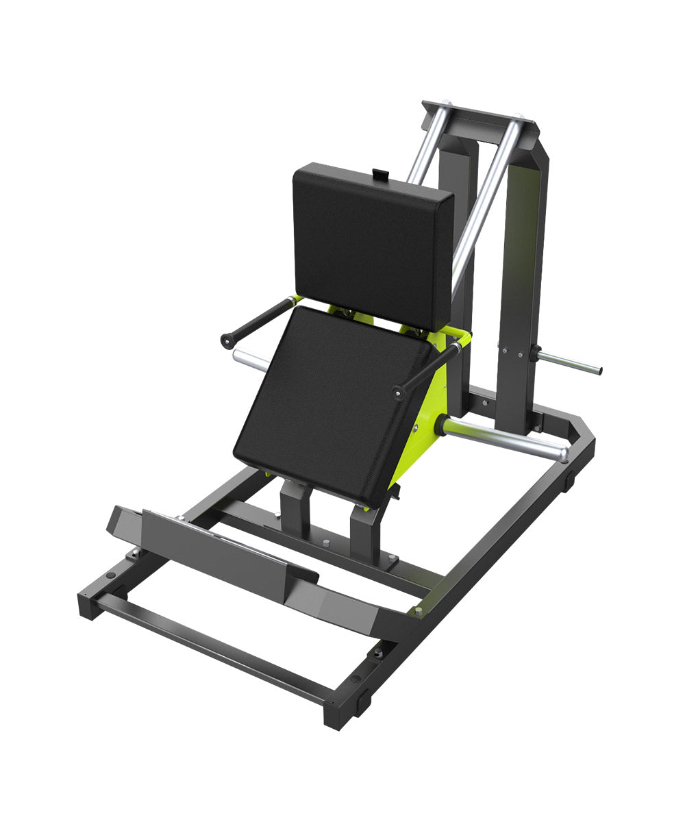 DHZ Fitness Standing Calf - Y945 with a black seat and foot platform, gray steel frame, and yellow accents.
