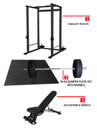 Combo Deal | 1441 Fitness Squat Rack Power Cage FF48B + 80kg Apus Bumper Plate Set + Adjustable Bench A8007 + Gym Flooring