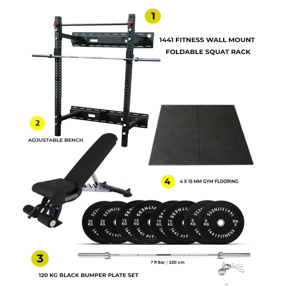 Combo Deal | Wall Mount Foldable Squat Rack - WMSR + 120 kg Bumper Plates Set + Adjustable Bench A8007 + 15 MM Flooring