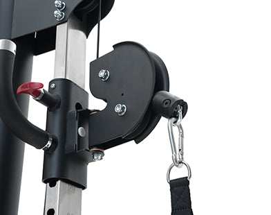 Close-up of a Insight Fitness SA Series Dual Adjustable Pulley - SA021 black metal pulley system on a white background