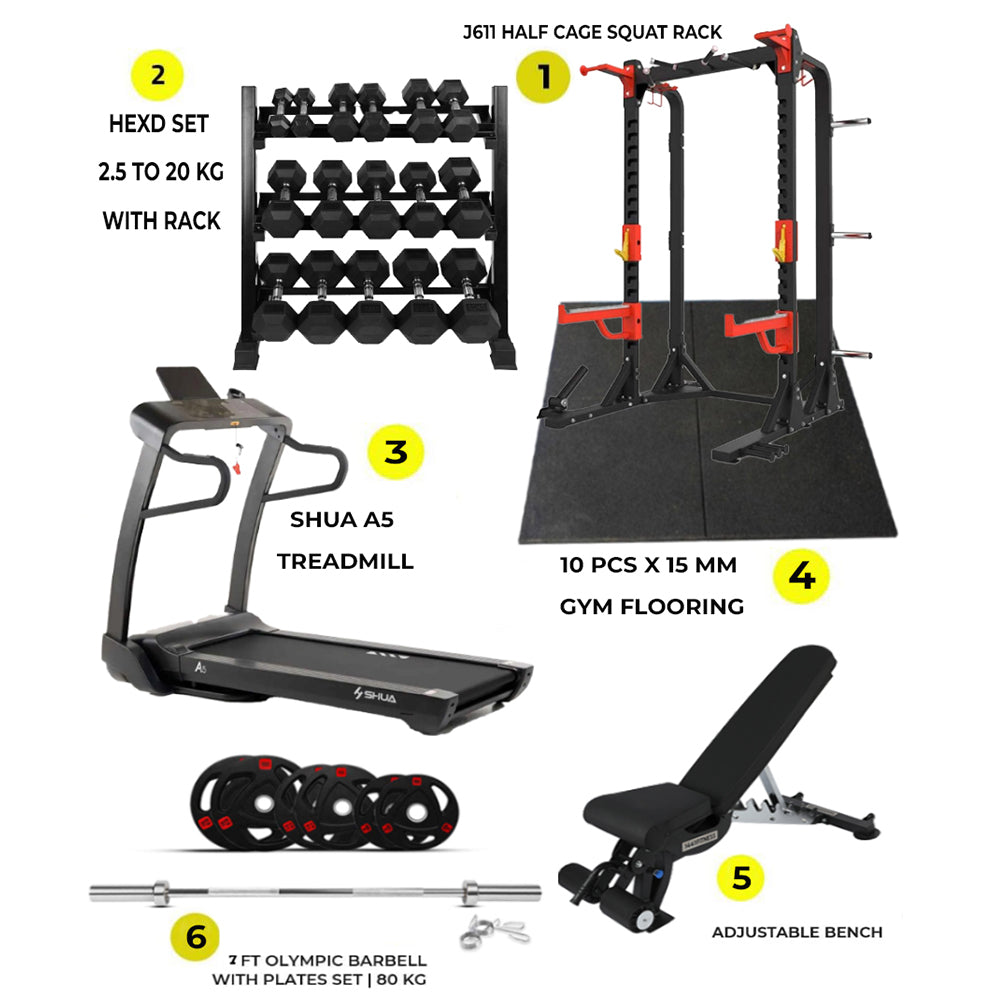 Combo Offer | Half Cage Squat Rack J611 with Shua A5 Treadmill + HexD Set 2.5 Kg to 20 KG with 3 Tier Rack + 80kg Tri Grip Plate Set with Adjustable Bench A8007 +  10 PC Gym Tile 15 MM
