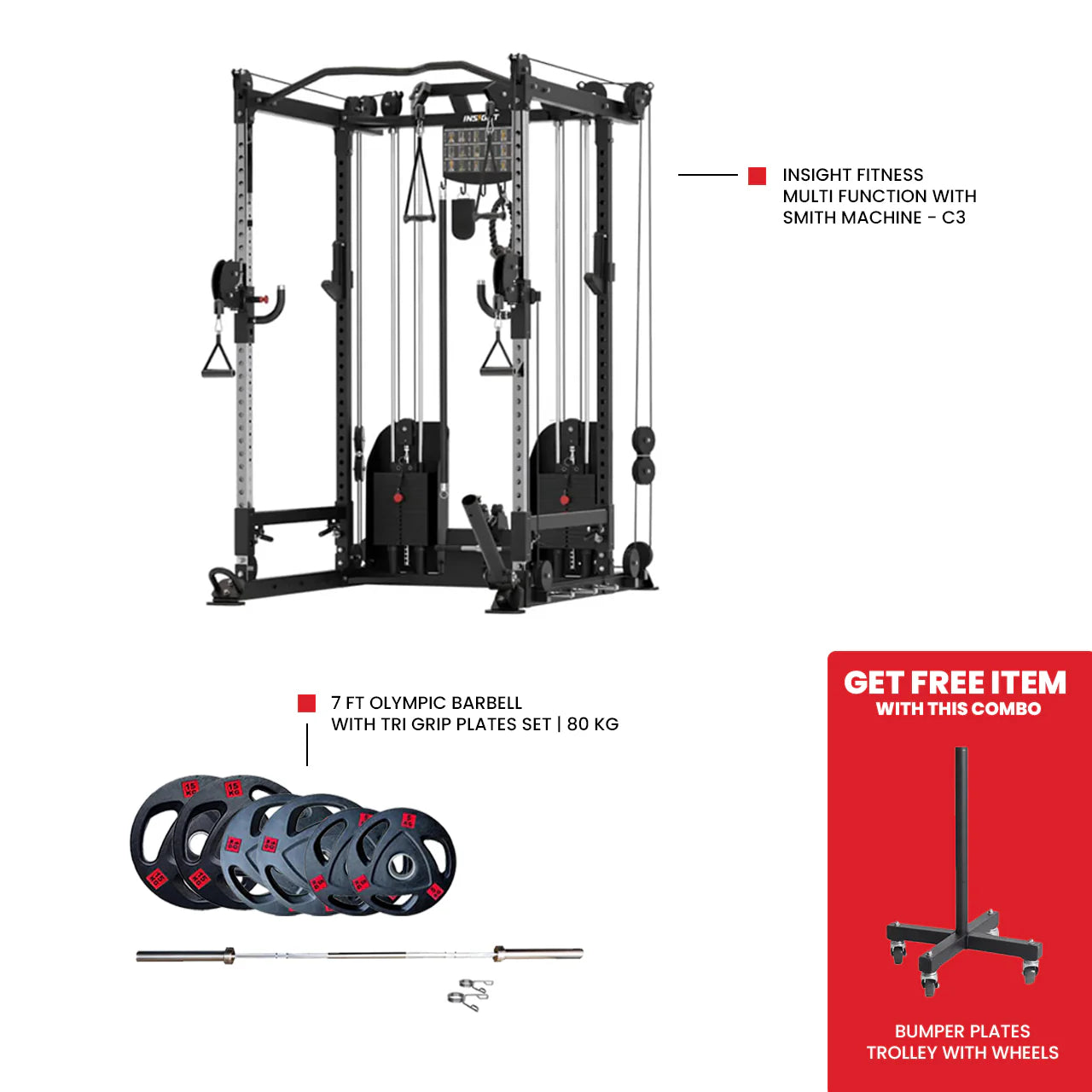 Insight Fitness Multi Function with Squat Rack - C3 7 Ft Olympic Barbell with Tri Grip Plates Set | 80 kg