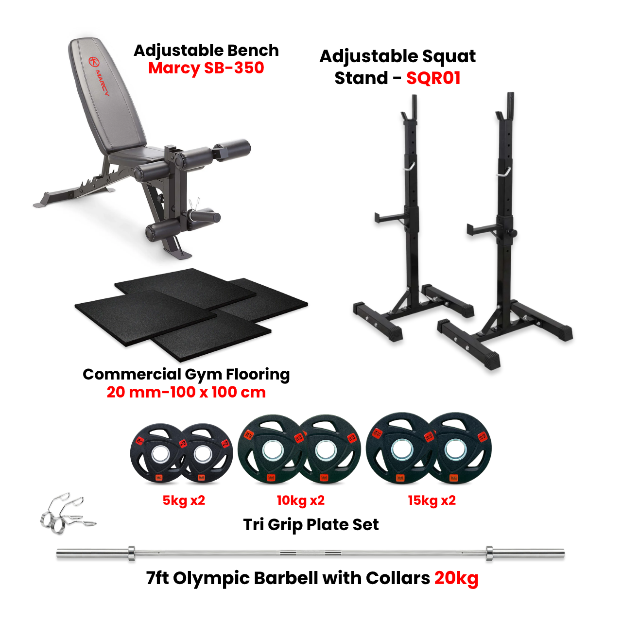 Squat Rack SQR01 with 80 Kg Tri-Grip Plate Set & Flooring with Adjustable Bench (Bundle)