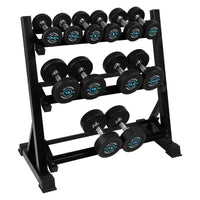 1441 Fitness Rubber Round Dumbbell Set 2.5 Kg to 15 Kg (6 Pairs) Blue with 3 Tier Rack