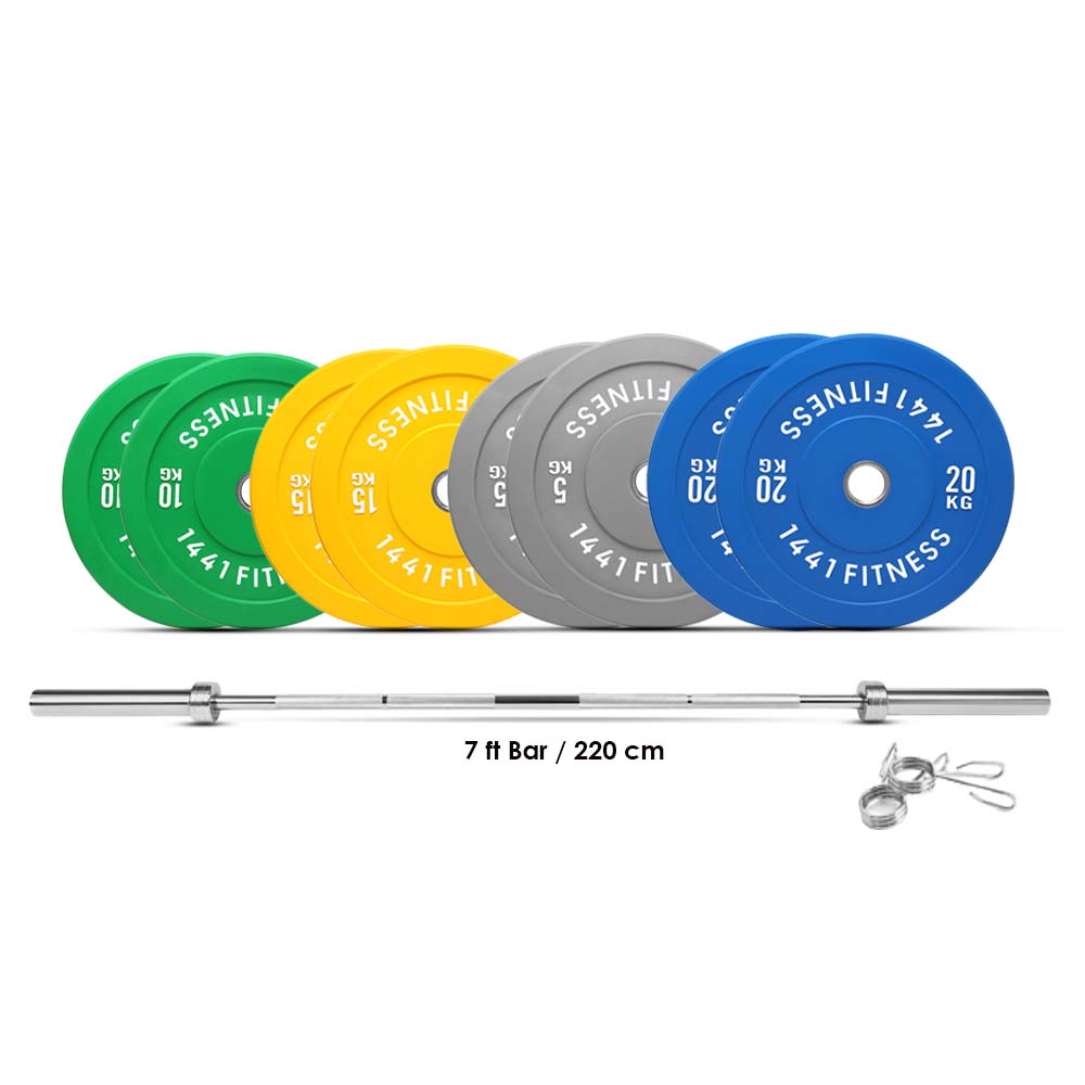 7 Ft Olympic Barbell and Color Bumper Plate Set - 120 Kg | 1441 Fitness