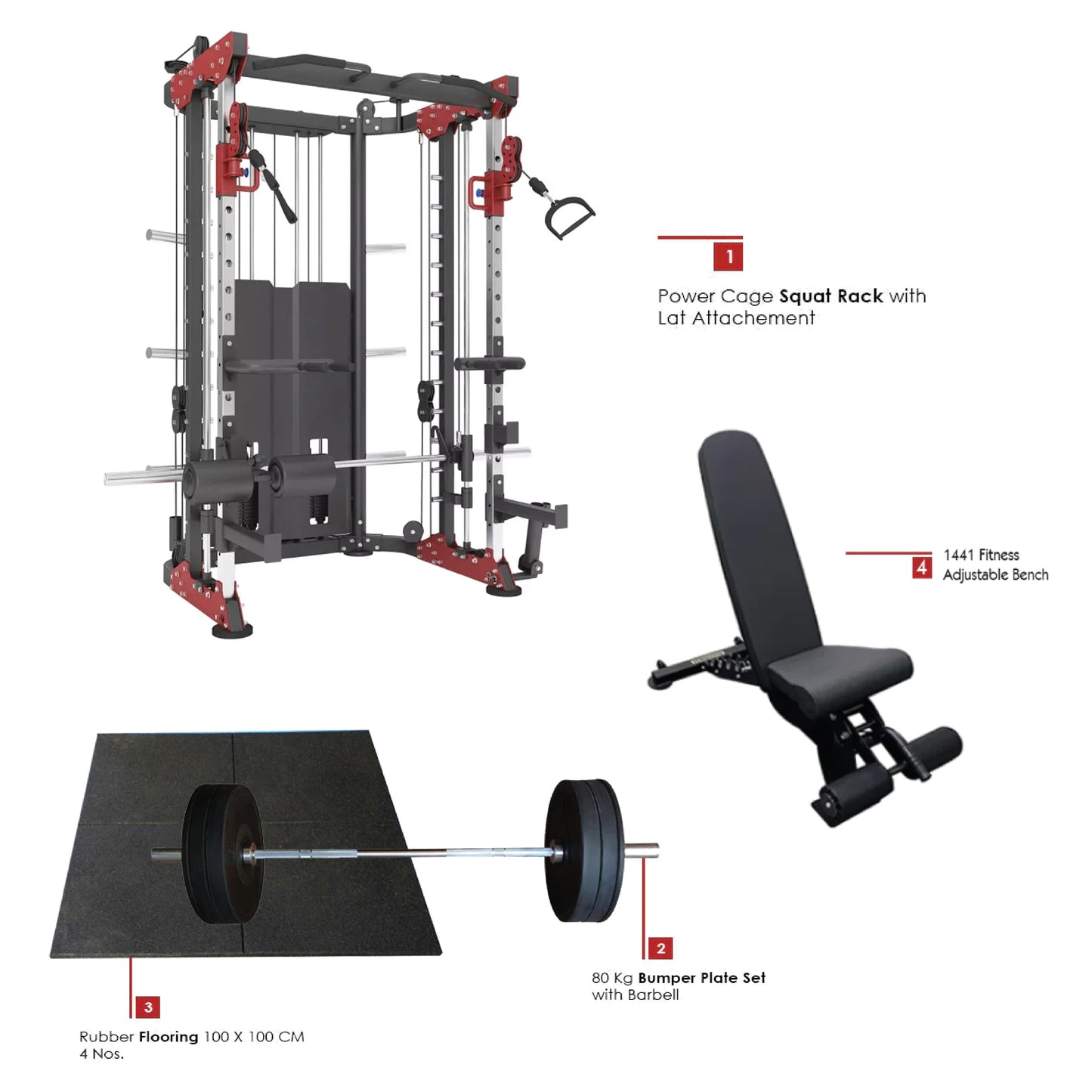 Combo Deal | 1441 Fitness Functional Trainer With Smith Machine - 41FC81 + 80kg  Apus Bumper Plate Set + Adjustable Bench A8007 + 4 Gym Tile