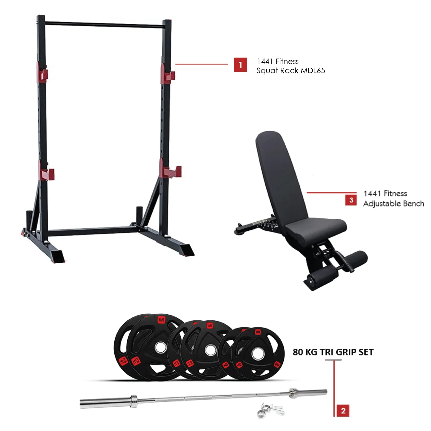Combo Deal | 1441 Fitness Squat Rack MDL65 +7 ft Barbell with 80 Kg tri Grip Plate Set + Adjustable Bench A8007
