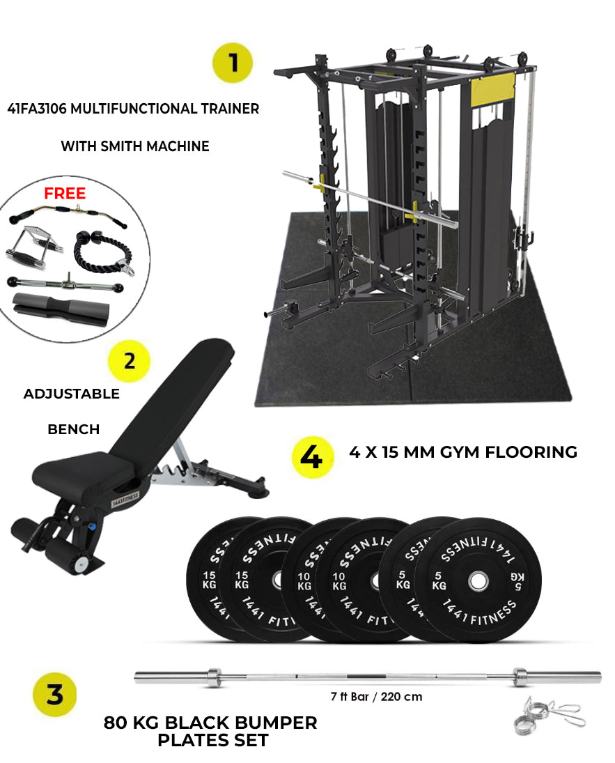 1441 Fitness Functional Trainer With Smith Machine 41FA3106 + 80kg Bumper Plate Set + Adjustable Bench A8007 + 4 Gym Tile - Combo Offer