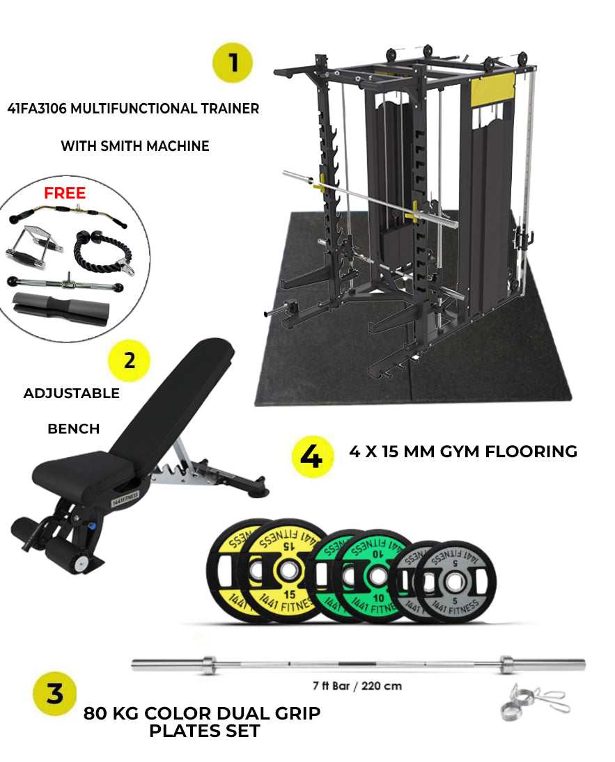 1441 Fitness Functional Trainer With Smith Machine 41FA3106 + 80kg Weight Plate Set + Adjustable Bench A8007 + 4 Gym Tile