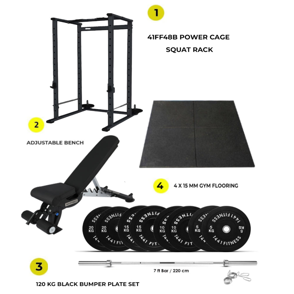 Combo Deal | 1441 Fitness Power Cage 41FF48B + 120 kg Bumper Plates Set + Adjustable Bench A8007 + 15 MM Flooring