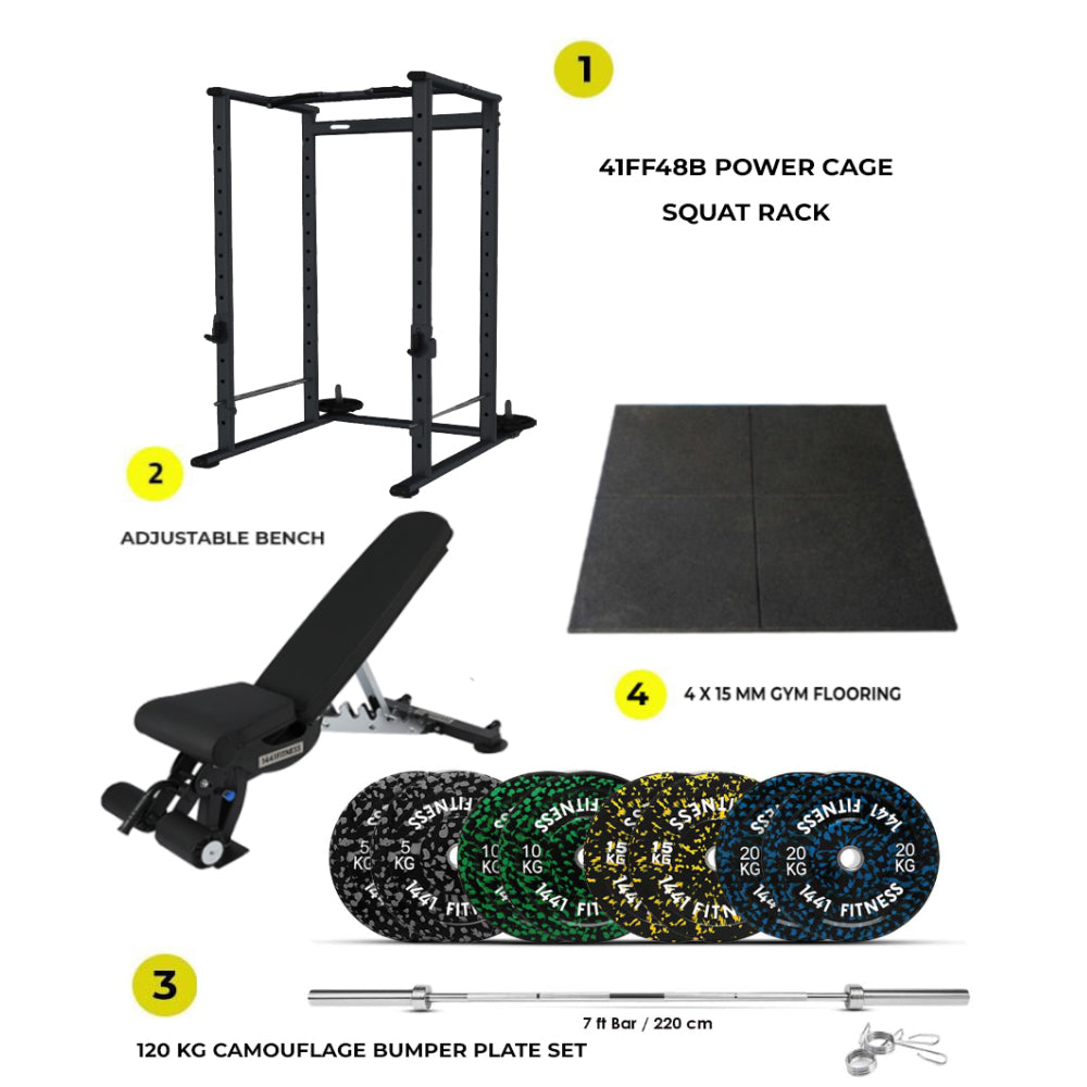 Combo Deal | 1441 Fitness Power Cage 41FF48B + 120 kg Bumper Plates Set + Adjustable Bench A8007 + 15 MM Flooring
