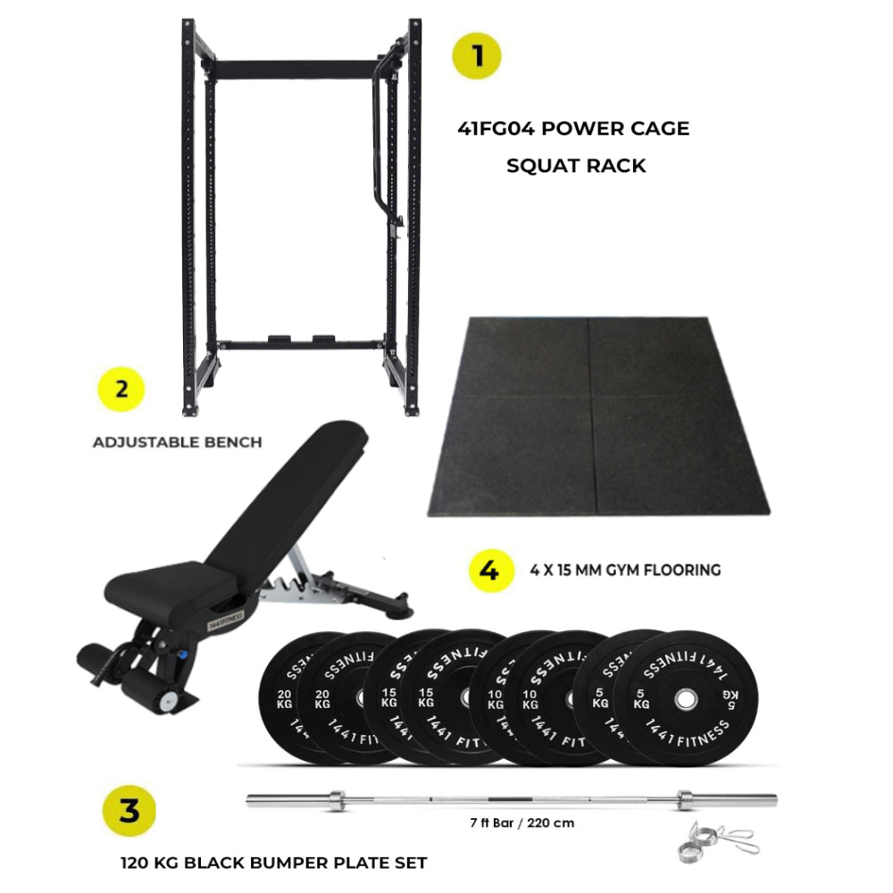 Combo Deal | 1441 Fitness Power Cage 41FG04 + 120 kg Bumper Plates Set + Adjustable Bench A8007 + 15 MM Flooring