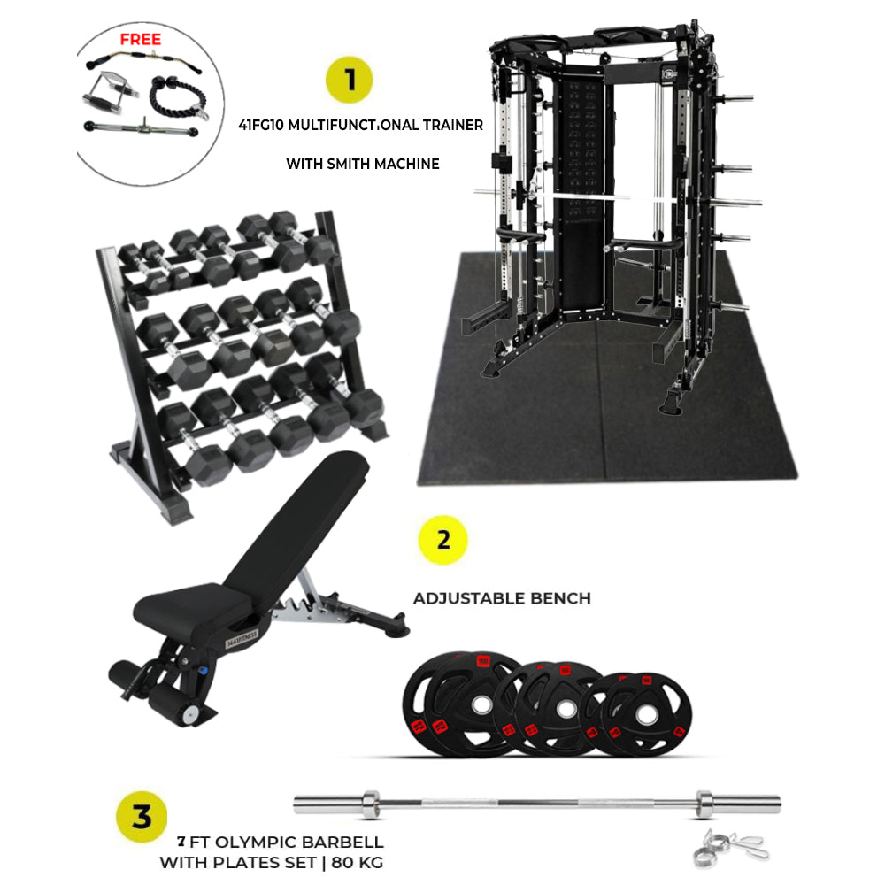 Combo Deal | 1441 Fitness All In One Functional Trainer with Smith Machine-41FG10 + 7ft Bar with Tri Grip Plate 80 KG Set + Adjustable Bench A8007 + Hex Dumbbell Set 2.5 to 20 kg with Rack 4 + Gym Tile
