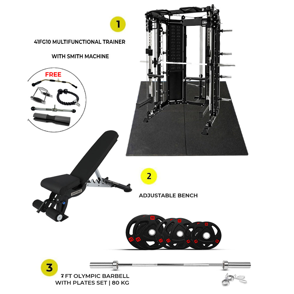 Combo Deal | 1441 Fitness All In One Functional Trainer with Smith Machine-41FG10 + 7ft Bar with Tri Grip Plate 80 KG Set + Adjustable Bench A8007 + 4 Gym Tile