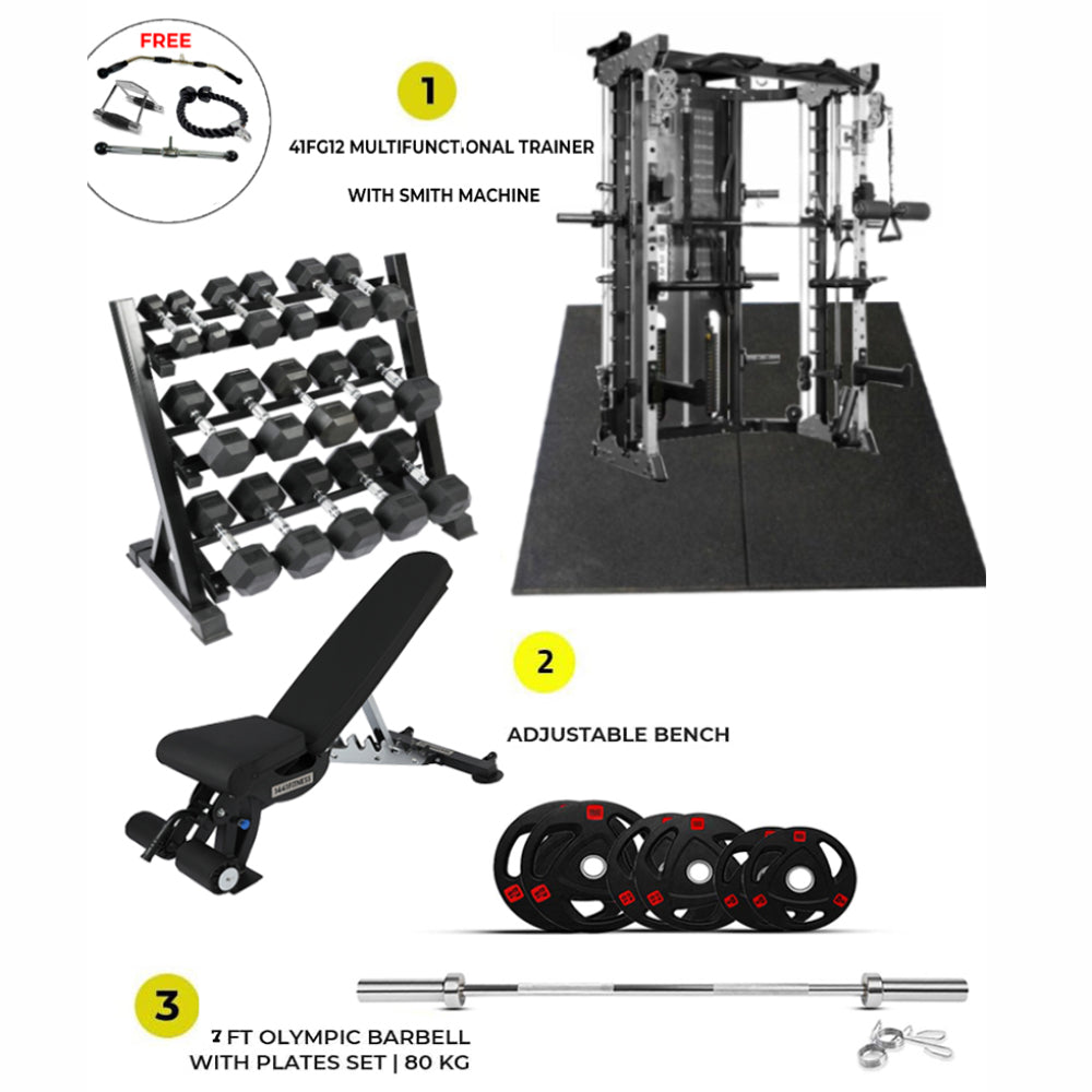 Combo Deal | 1441 Fitness All In One Functional Trainer with Smith Machine-41FG12 + 7ft Bar with Tri Grip Plate 80 KG Set + Adjustable Bench A8007 + Hex Dumbbell Set 2.5 to 20 kg with Rack 4 + Gym Tile