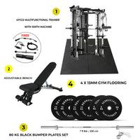 Combo Deal | 1441 Fitness All In One Functional Trainer with Smith Machine-41FG12 + 7ft Bar with Bumper Plate 80 KG Set + Adjustable Bench A8007 + 4 Gym Tile