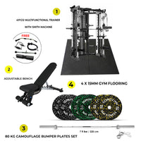 Combo Deal | 1441 Fitness All In One Functional Trainer with Smith Machine-41FG12 + 7ft Bar with Bumper Plate 80 KG Set + Adjustable Bench A8007 + 4 Gym Tile