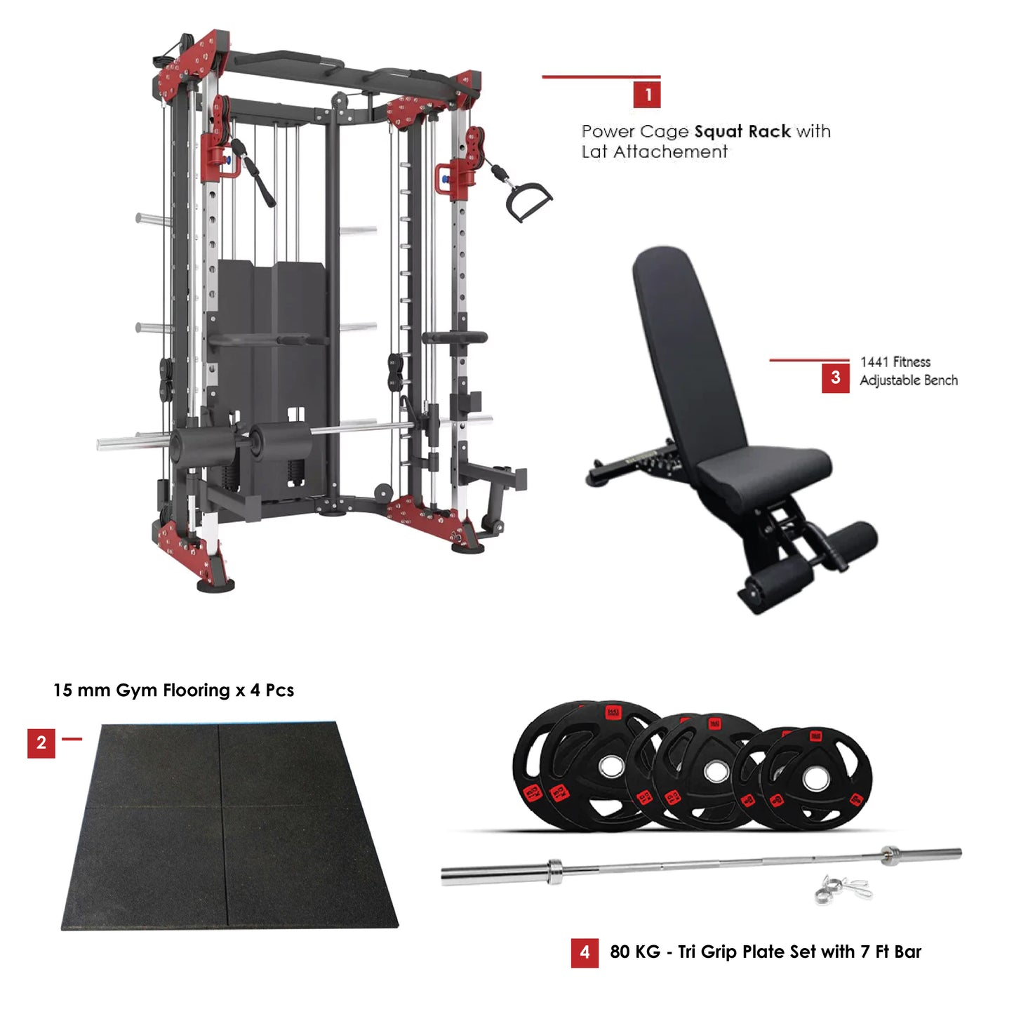 Combo Deal | 1441 Fitness Functional Trainer With Smith Machine - 41FC81 + 80 Kg Tri Grip Set with 7 ft Bar + Adjustable Bench A8007 + 4 Gym Tile