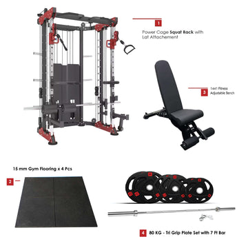 Combo Deal | 1441 Fitness Functional Trainer With Smith Machine - 41FC81 + 80 Kg Tri Grip Set with 7 ft Bar + Adjustable Bench A8007 + 4 Gym Tile
