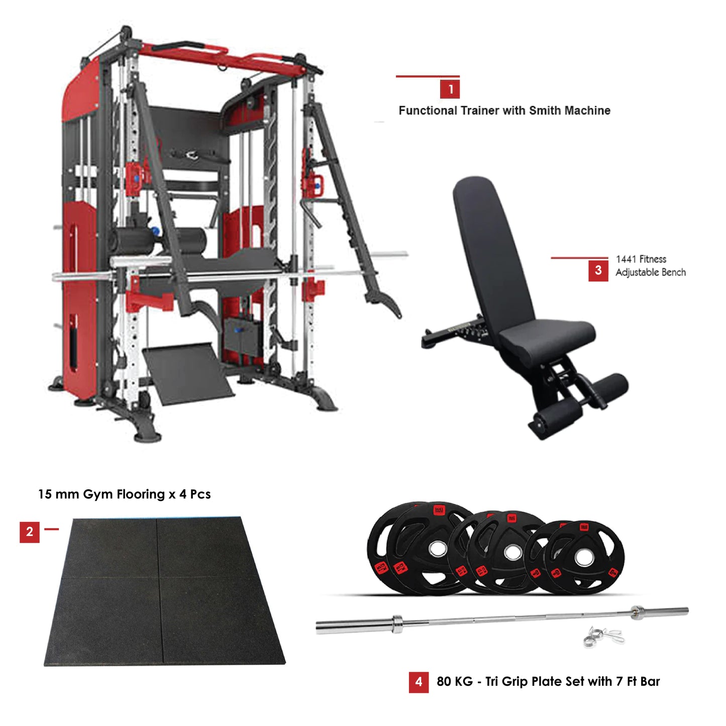 Combo Deal | 1441 Fitness Heavy Duty Functional Trainer 41FC90 with Smith Machine-41FC90 +  7ft Bar with Tri Grip Plate 80 KG Set + Adjustable Bench A8007 + 4 Gym Tile