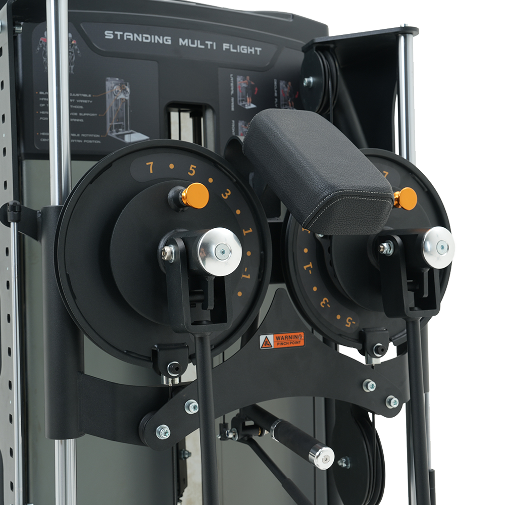 Close-up of a Insight Fitness Standing Multi Flight - BE8034 with pulleys and control knobs on a white background