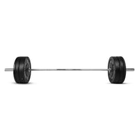 Front view of Olympic Bar with Bumper Plates