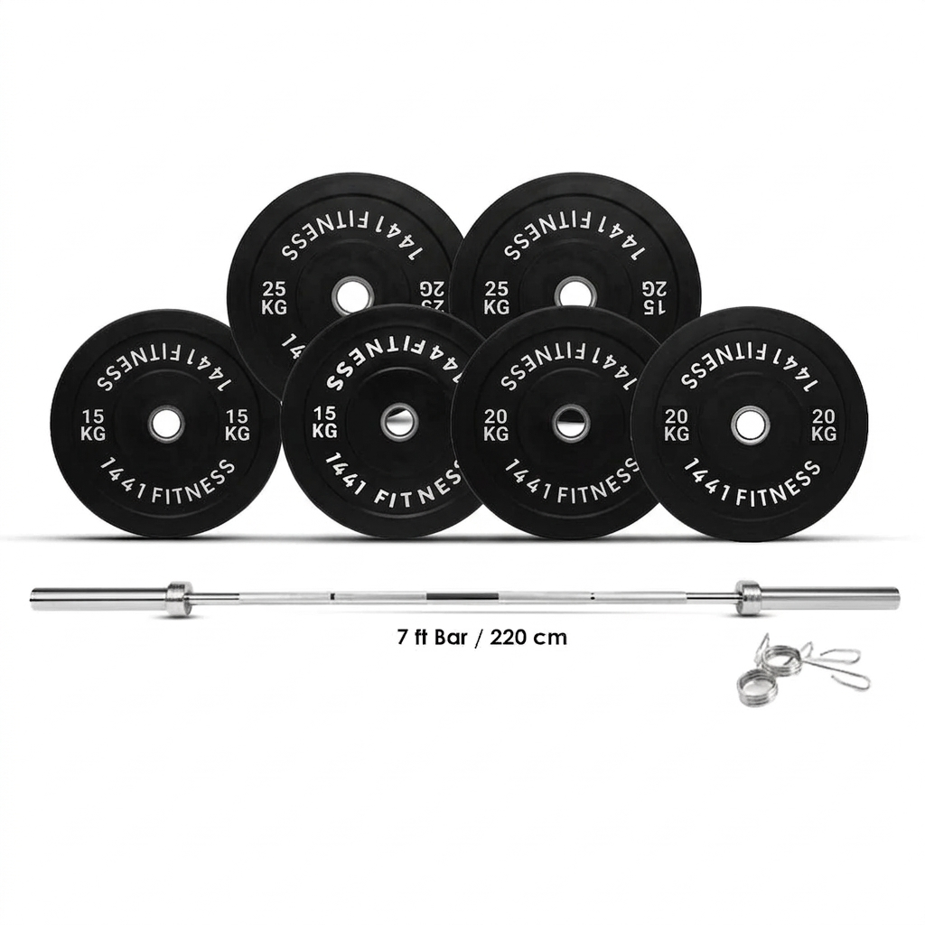 Black Bumper Plates with 7 Ft Olympic Bar - 140 Kg Set - Bundle Offer