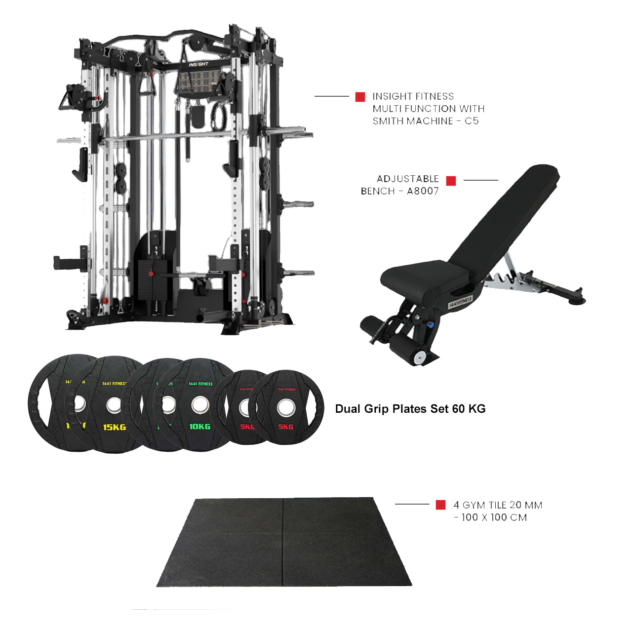 Insight Fitness Multi Function Smith Machine C5 with Rubber Flooring , Dual Grip Plates & A8007 Bench - Bundle Offer