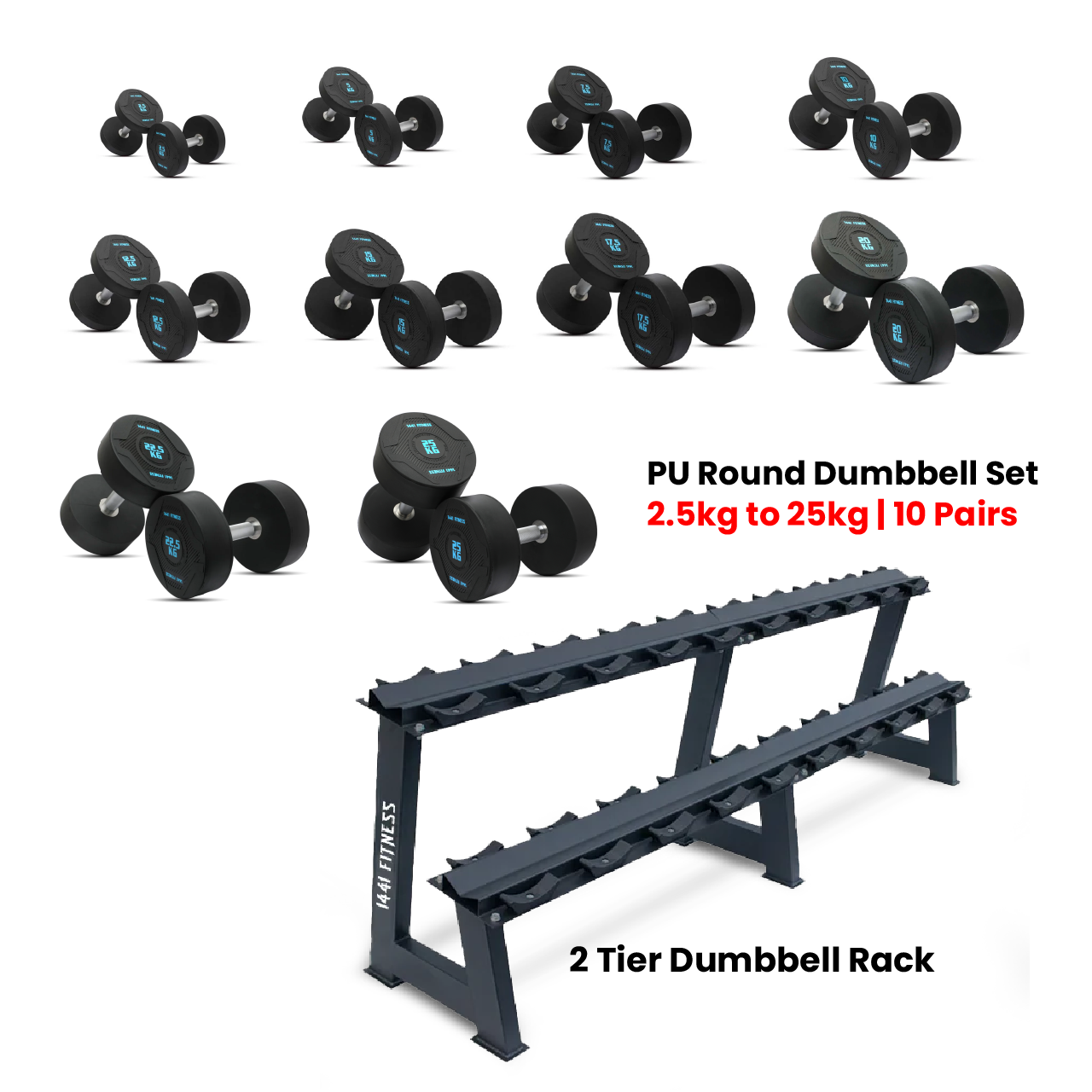 PU Round Dumbbell Set 2.5 Kg to 25 Kg with 2 Tier Rack