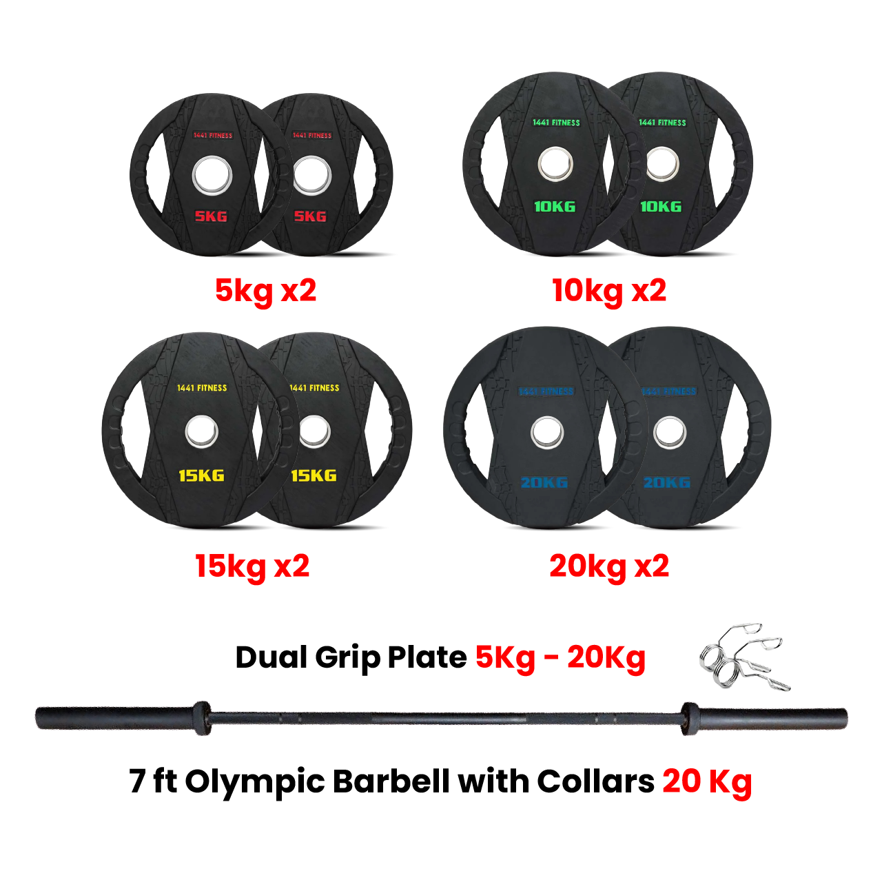 Dual Grip Plates with 7 Ft Olympic Bar - 120 Kg Set
