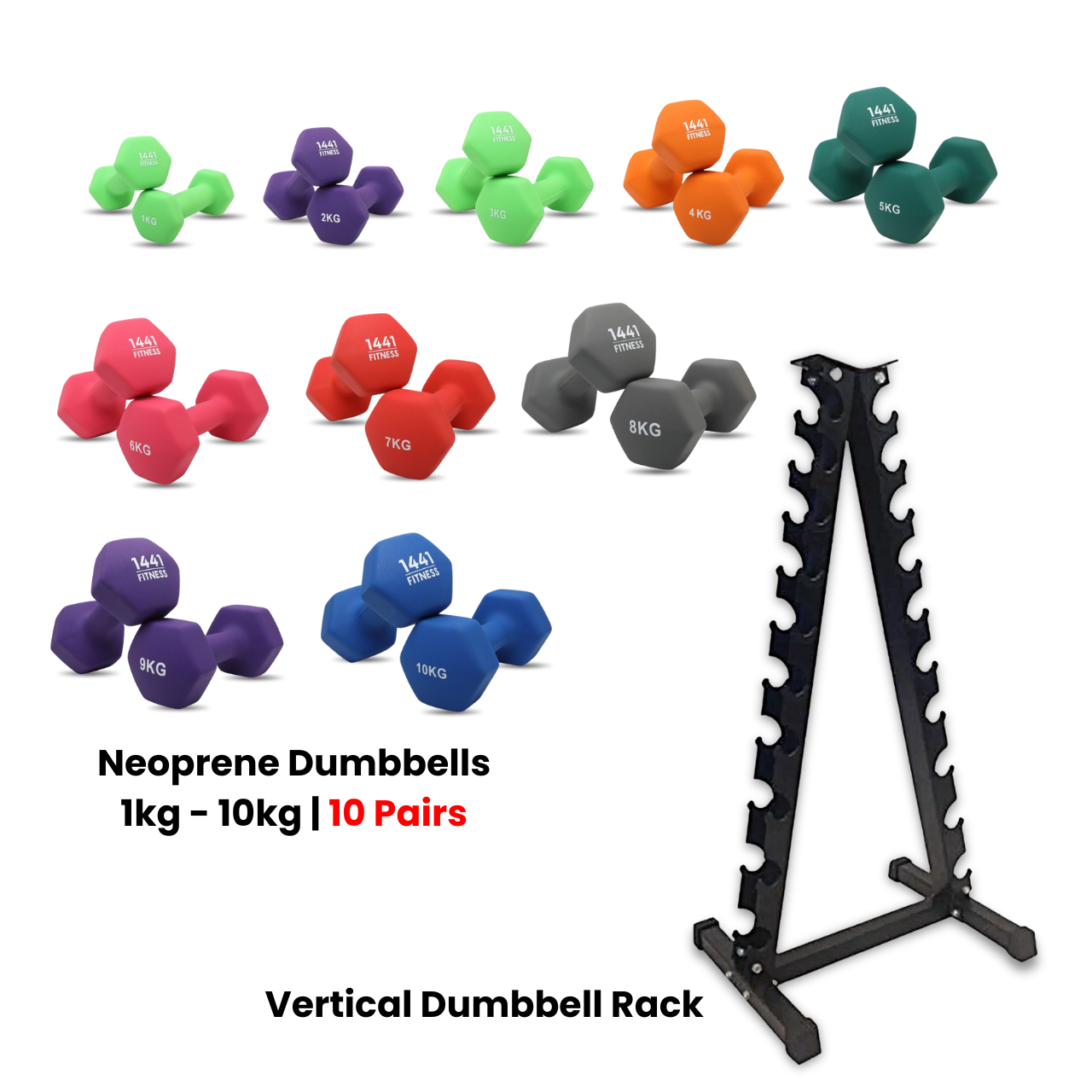 1441 Fitness Neoprene Dumbbells Set 1 Kg to 10 Kg with Vertical Rack - Bundle Offer