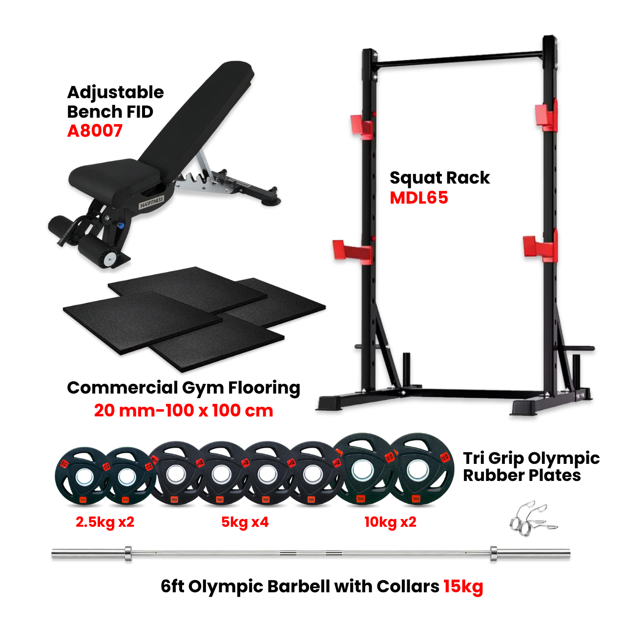 MDL 65 Squat Rack Combo with Plates Bench and Flooring - Bundle Offer