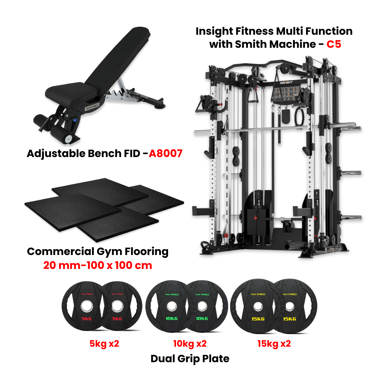 Insight Fitness Multi Function Smith Machine C5 with Rubber Flooring , Dual Grip Plates & A8007 Bench - Bundle Offer