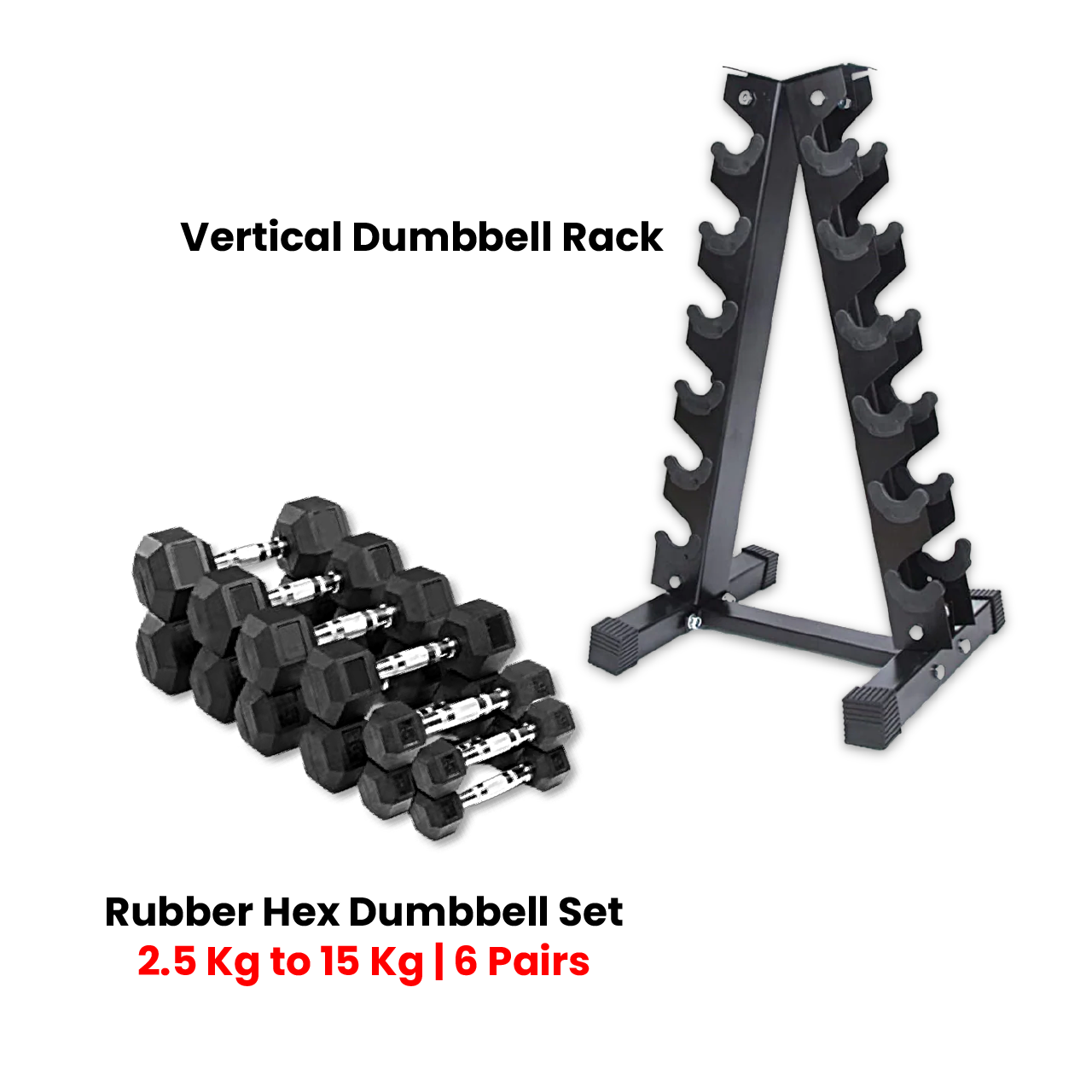 Hex Dumbbells Set 2.5 Kg to 15 Kg with Vertical Rack