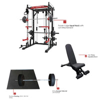 Combo Deal | 1441 Fitness Smith Machine with Functional Trainer and Squat Rack J009 + 80kg Apus Bumper Plates + Adjustable Bench A8007 + 15 MM Flooring