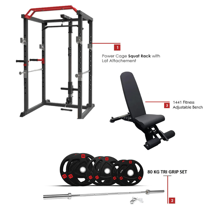1441 Fitness Multi Function Squat Rack with 80 Kg Plate set, Adjustable Bench