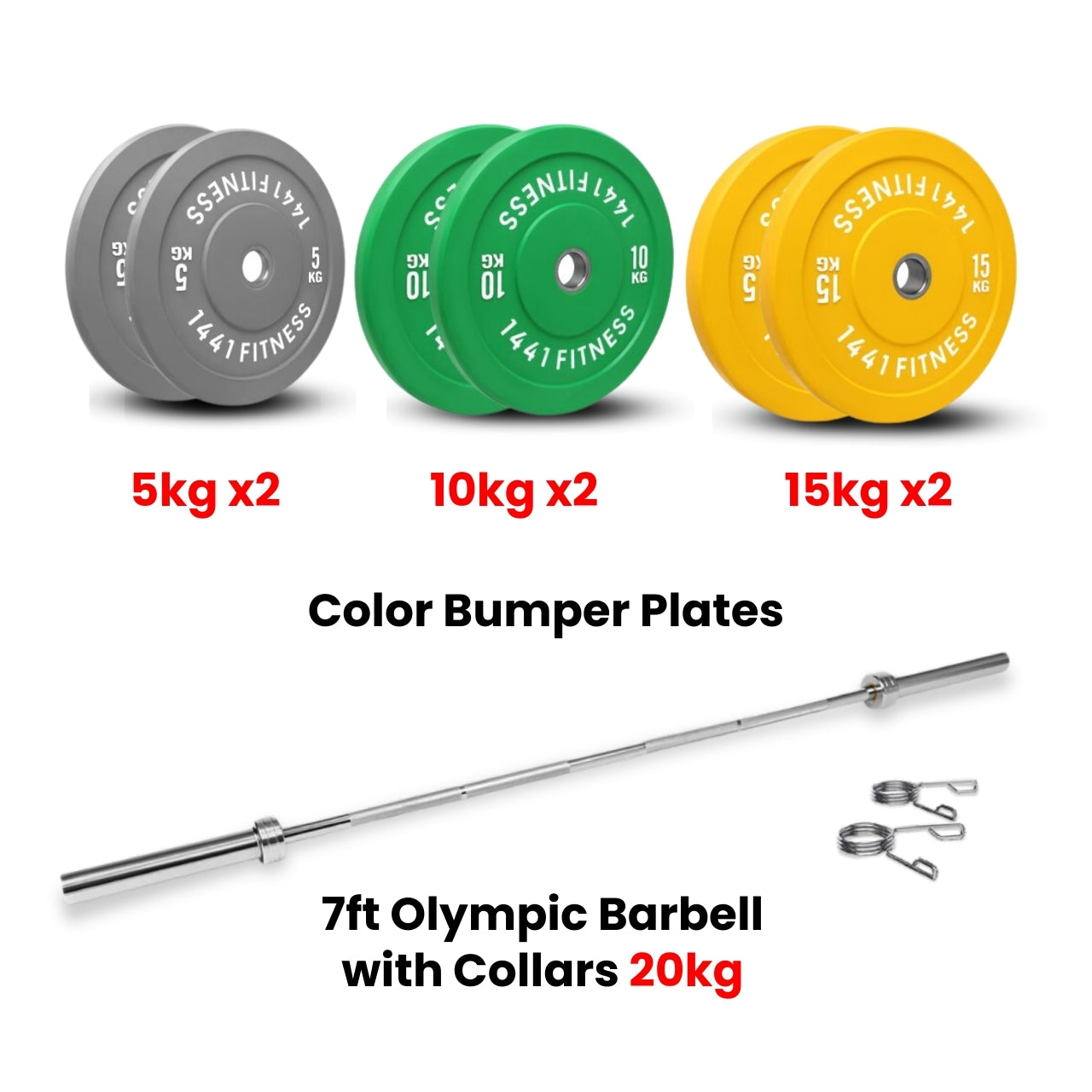 Color Bumper Plates with 7 Ft Olympic Bar - 80 Kg Set - Bundle Offer
