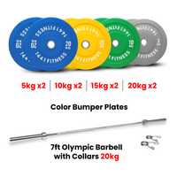 Premium Color Bumper Plates with 7 Ft Olympic Bar - 120 Kg Set - Bundle Offer