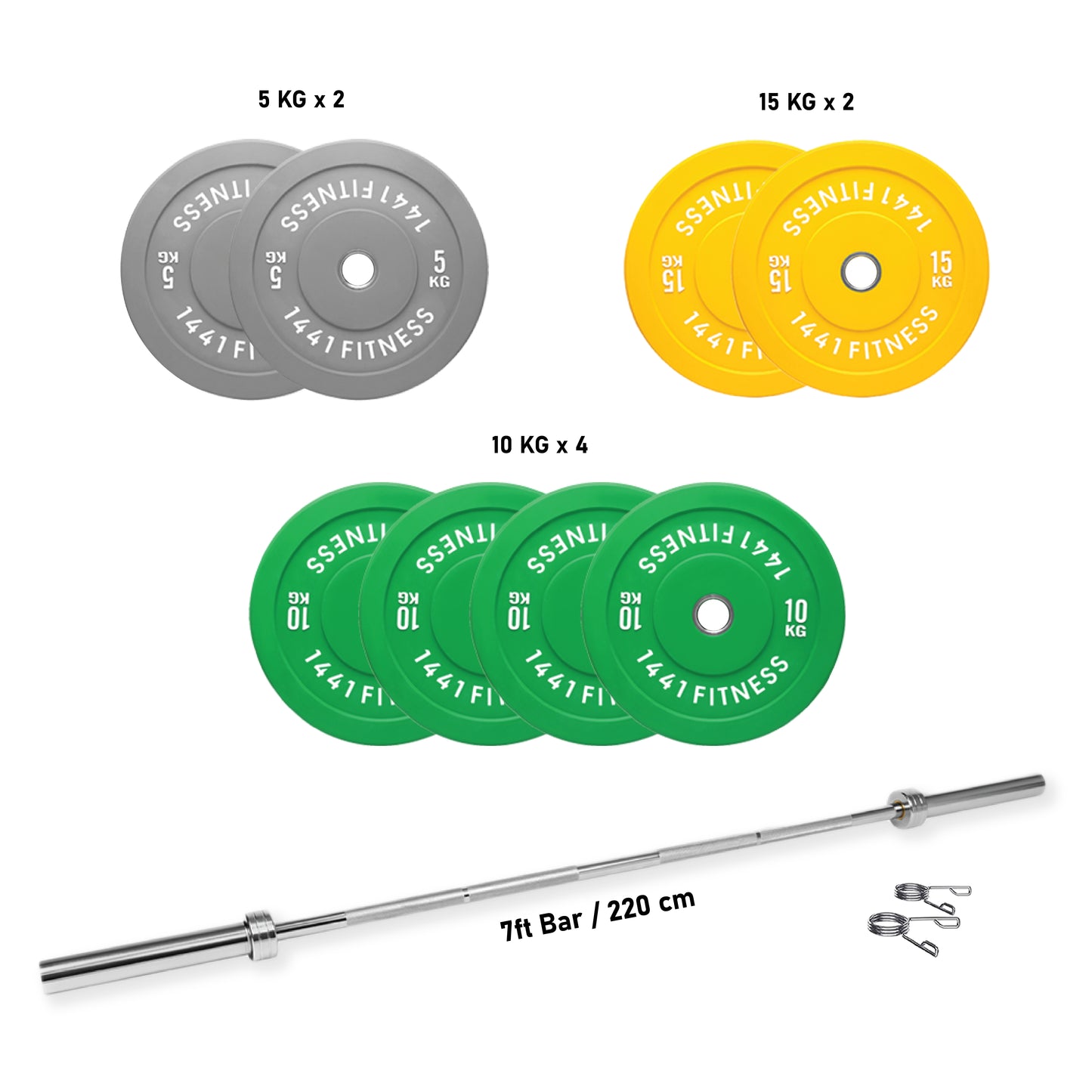 7 Ft Olympic Barbell and Color Bumper Plate Set - 100 KG | 1441 Fitness