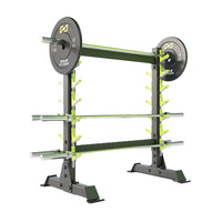 A double-sided DHZ Fitness Olympic Bar Rack - E6231 with black and green color accents, designed to hold multiple Olympic barbells.