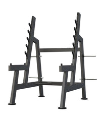 DHZ Fitness Squat Rack - U3050 with multiple bar catches, an inclined design, and wear covers on the Olympic bars.